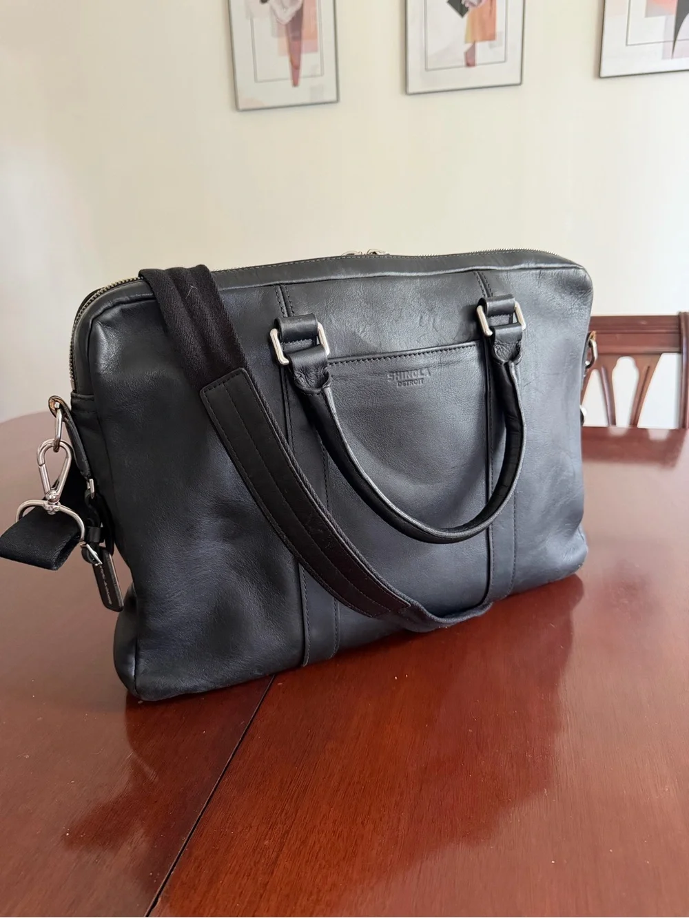 Shinola Black Leather Computer Briefcase with Removable Strap